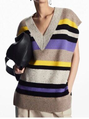 COS Multicolor Striped Wool Sweater Vest Oversized Fit V-Neck Side Slit Size S
